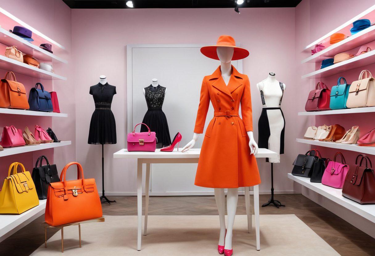 A stylish mannequin dressed in the latest fashion trends, surrounded by colorful fashion accessories like purses, hats, and shoes, with a backdrop of a chic boutique interior. Incorporate elements of fashion sketches pinned on a wall, and a fashion magazine open on a table with professional advice visible. Emphasize elegance, creativity, and sophistication. vibrant colors. super-realistic.