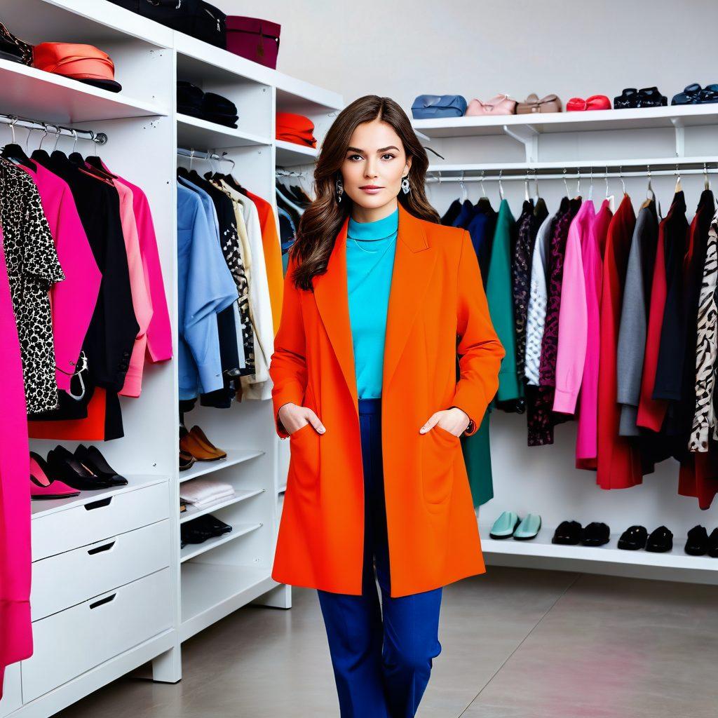A stylish person standing confidently in front of a vibrant, modern wardrobe filled with an array of fashionable clothes and accessories. Include diverse fashion pieces showcasing trends, along with a chic styling team in the background giving advice. The setting should have a bright, inviting atmosphere with soft lighting to create a welcoming vibe. Super-realistic. Vibrant colors. White background.